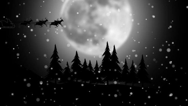 Santa riding his sleigh on the moon snowflakes background. Silhouette