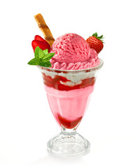 Strawberry sundae ice cream cup with sauce and wafer isolated on white background