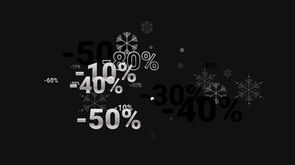 7512397 Percent Sings on Dark Background. Black Poster with Silver Percent Sings and Snowflakes. Vector Discount Sale Background.