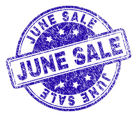 JUNE SALE stamp seal watermark with grunge texture. Designed with rounded rectangles and circles. Blue vector rubber print of JUNE SALE label with dust texture.