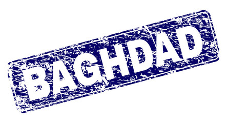 BAGHDAD stamp seal print with grunge texture. Seal shape is a rounded rectangle with frame. Blue vector rubber print of BAGHDAD label with scratched texture.