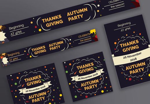 Thanksgiving Web Banner Layouts with Colored Leaves and Corn Elements