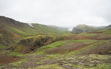 Fototapeta premium Landschaft mit heißen Quellen und Wasserfällen im Hengill Geothermalgebiet / Süd-West-Island 
