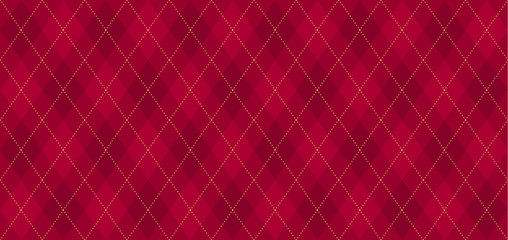 Argyle vector pattern. Dark red with thin golden dotted line. Seamless geometric background textile, clothing, wrapping gift paper. Backdrop Xmas party invite card. Christmas traditional color maroon
