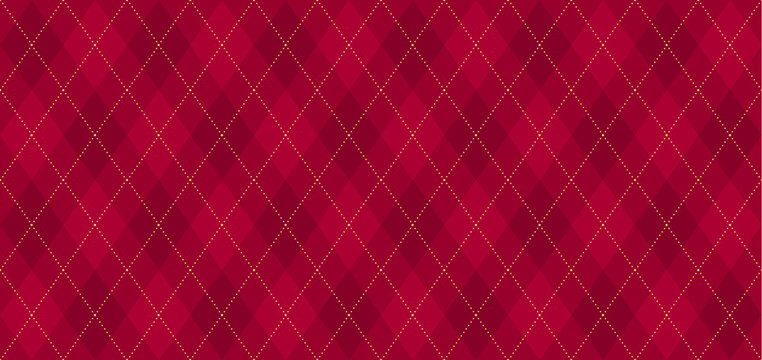 Argyle vector pattern. Dark red with thin golden dotted line. Seamless geometric background textile, clothing, wrapping gift paper. Backdrop Xmas party invite card. Christmas traditional color maroon