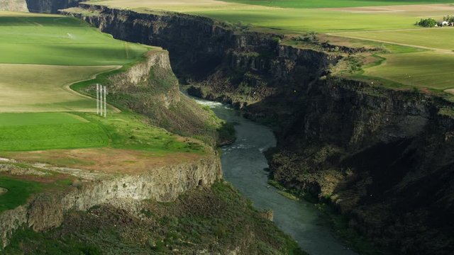 Aerial view green agriculture Snake River canyon USA
