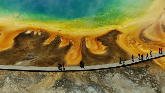 Aerial view hot geothermal geyser water Yellowstone Park