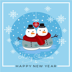 Merry christmas & happy new year card.Snowman in love with red heart,snow and snowflake on light blue background.Cartoon animal character vector.