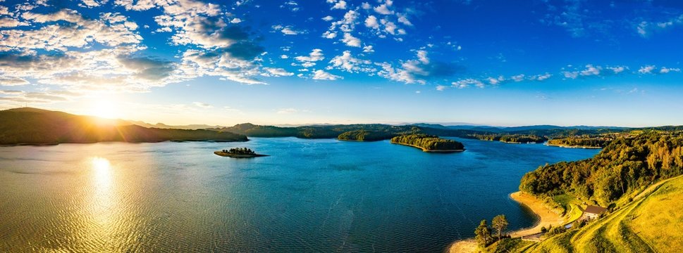 Solinskie lake in Bieszczady mountains in sunrise light