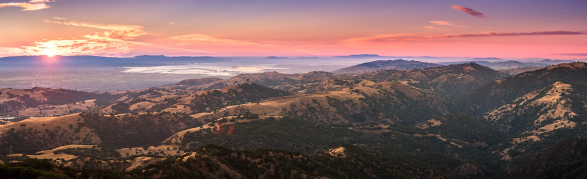 Sunset view of south San Francisco bay area and San Jose from the top of Mount Hamilton, San Jose, California