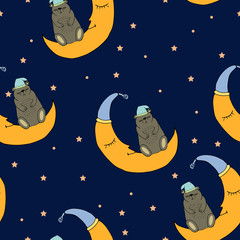 Modèle sans couture de bonne nuit avec un joli ours endormi, la lune et les étoiles. Fond de beaux rêves. Illustration vectorielle.
