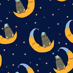 Tapeten Gute Nacht nahtlose Muster mit hübschen schlafenden Bären, Mond und Sternen. Süßer Traumhintergrund. Vektor-Illustration. © Elena