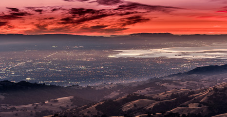 Sunset view of south San Francisco bay area and San Jose from the top of Mount Hamilton, San Jose,...