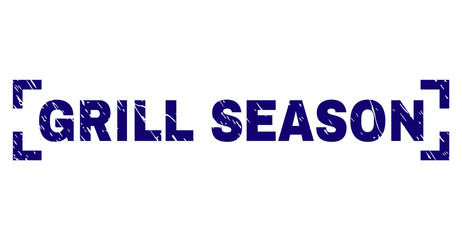 GRILL SEASON text seal print with corroded effect. Text caption is placed between corners. Blue vector rubber print of GRILL SEASON with corroded texture.