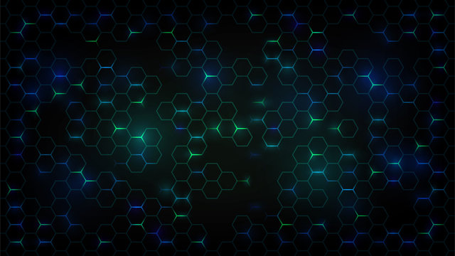 Abstract Dark Background With Green Luminous Hexagons, Technology, Neon