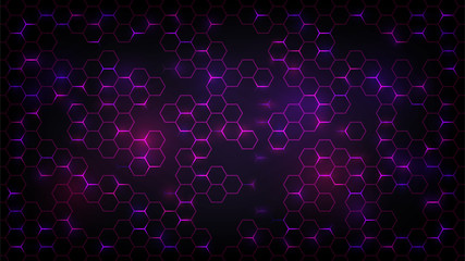 Abstract dark background with purple luminous hexagons, technology, neon