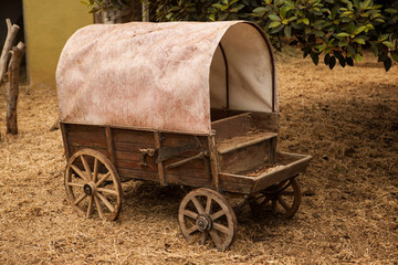 Traditional old American wagon with a roof.