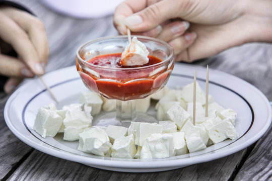 woman with cheese fondue