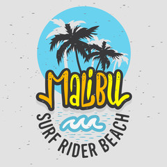 Malibu Surf Rider Beach California Surfing Surf Design  Logo Sign Label for Promotion Ads t shirt or sticker Poster Flyer Vector Image.