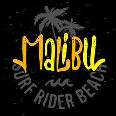 Malibu Surf Rider Beach California Surfing Surf Design  Logo Sign Label for Promotion Ads t shirt or sticker Poster Flyer Vector Image.