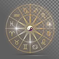 Golden wheel with twelve signs of the zodiac, astrology, esotericism, prediction of the future.