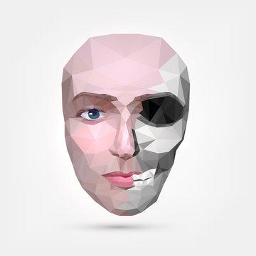 Polygonal half human face and skull