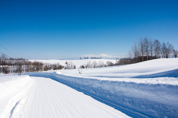 雪道と青空と冬山　大雪山