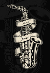 Vector illustration of saxophone with vintage ribbon
