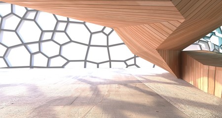 Abstract  concrete and wood interior  with window. 3D illustration and rendering.