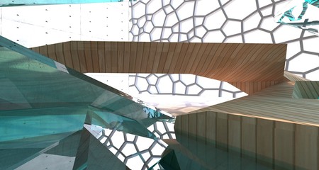Abstract  concrete and wood interior  with window. 3D illustration and rendering.