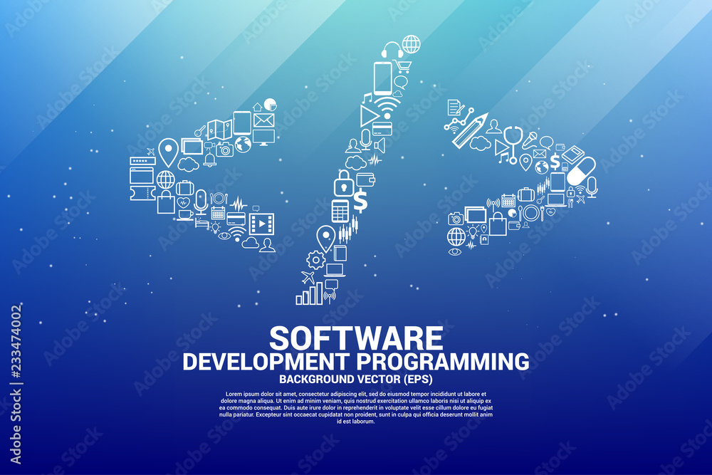 Fototapete Vector software development programming tag  with  functional utility icon. Concept for Programming language technology and coding.