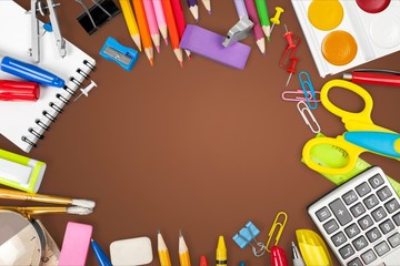 Assortment  of School supplies on  background