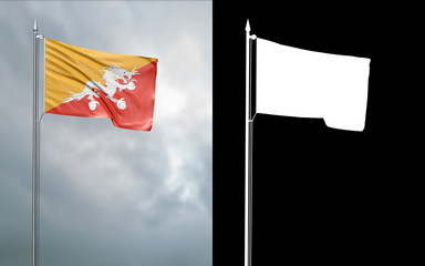 3d illustration of the state flag of the Kingdom of Bhutan moving in the wind at the flagpole in front of a cloudy sky with its alpha channel