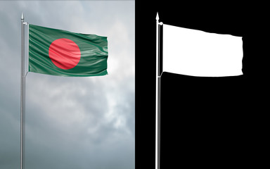 3d illustration of the state flag of the People's Republic of Bangladesh moving in the wind at the flagpole in front of a cloudy sky with its alpha channel