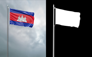 3d illustration of the state flag of the Kingdom of Cambodia moving in the wind at the flagpole in front of a cloudy sky with its alpha channel