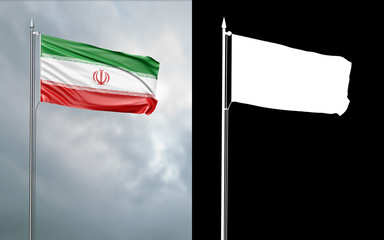 3d illustration of the state flag of the Islamic Republic of Iran moving in the wind at the flagpole in front of a cloudy sky with its alpha channel