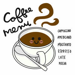 Coffee menu cartoon doodle style vector illustration 