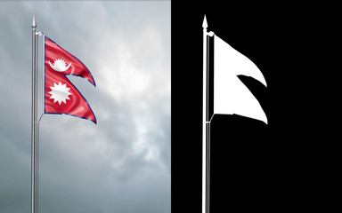 3d illustration of the state flag of the Republic of Federal Democratic Republic of Nepal moving in the wind at the flagpole in front of a cloudy sky with its alpha channel