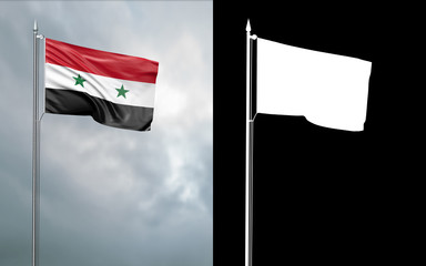 3d illustration of the state flag of the Syrian Arab Republic moving in the wind at the flagpole in front of a cloudy sky with its alpha channel
