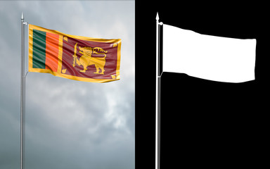 3d illustration of the state flag of the Democratic Socialist Republic of Sri Lanka moving in the wind at the flagpole in front of a cloudy sky with its alpha channel