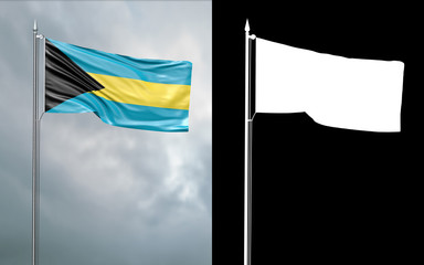 3d illustration of the state flag of the Commonwealth of The Bahamas moving in the wind at the flagpole in front of a cloudy sky with its alpha channel