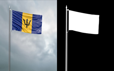 3d illustration of the state flag of Barbados moving in the wind at the flagpole in front of a cloudy sky with its alpha channel