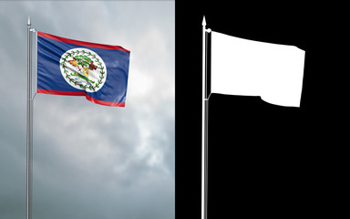 3d illustration of the state flag of Belize moving in the wind at the flagpole in front of a cloudy sky with its alpha channel