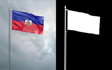 3d illustration of the state flag of the Republic of Haiti moving in the wind at the flagpole in front of a cloudy sky with its alpha channel