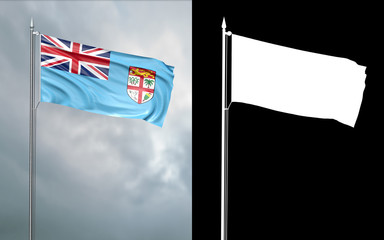 3d illustration of the state flag of the Republic of Fiji moving in the wind at the flagpole in front of a cloudy sky with its alpha channel