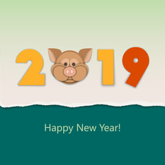 Pig is symbol of Chinese new year 2019. Paper cut craft trendy graphic style. Vector illustration. Cover of calendar.