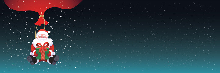 Santa Claus falling on night dark blue sky background holding gift snow falling