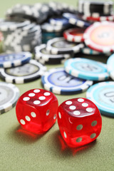 Close up of red rpg dice on the table