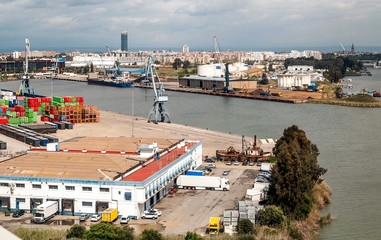 Port of Seville on the Guadalquivir river in Spain