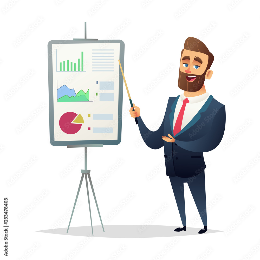 Wall mural businessman shows a financial report. the manager makes a presentation. modern flat design.